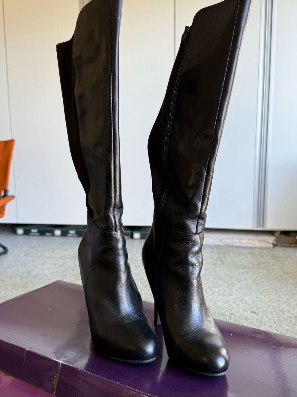 me too Black Over-the-Knee Leather Boots with Side Zip
